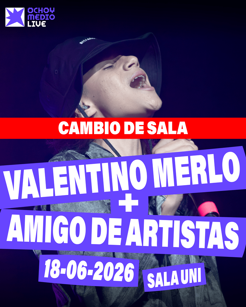 Concert poster announcing Valentino Merlo and Amigo de Artistas, with 'Cambio de Sala' and date 18-06-2026 at Sala UNI; Choy Media Live logo at top-left.