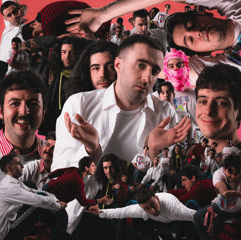 Vibrant collage of people dancing and posing, with a central man in a white shirt and a pink background.