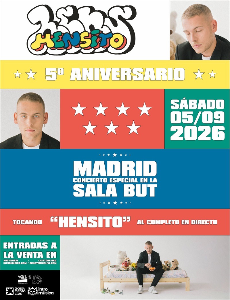 Poster collage for Hensito's 5th anniversary concert in Madrid — date, venue, and colorful panels with Hensito's photos.