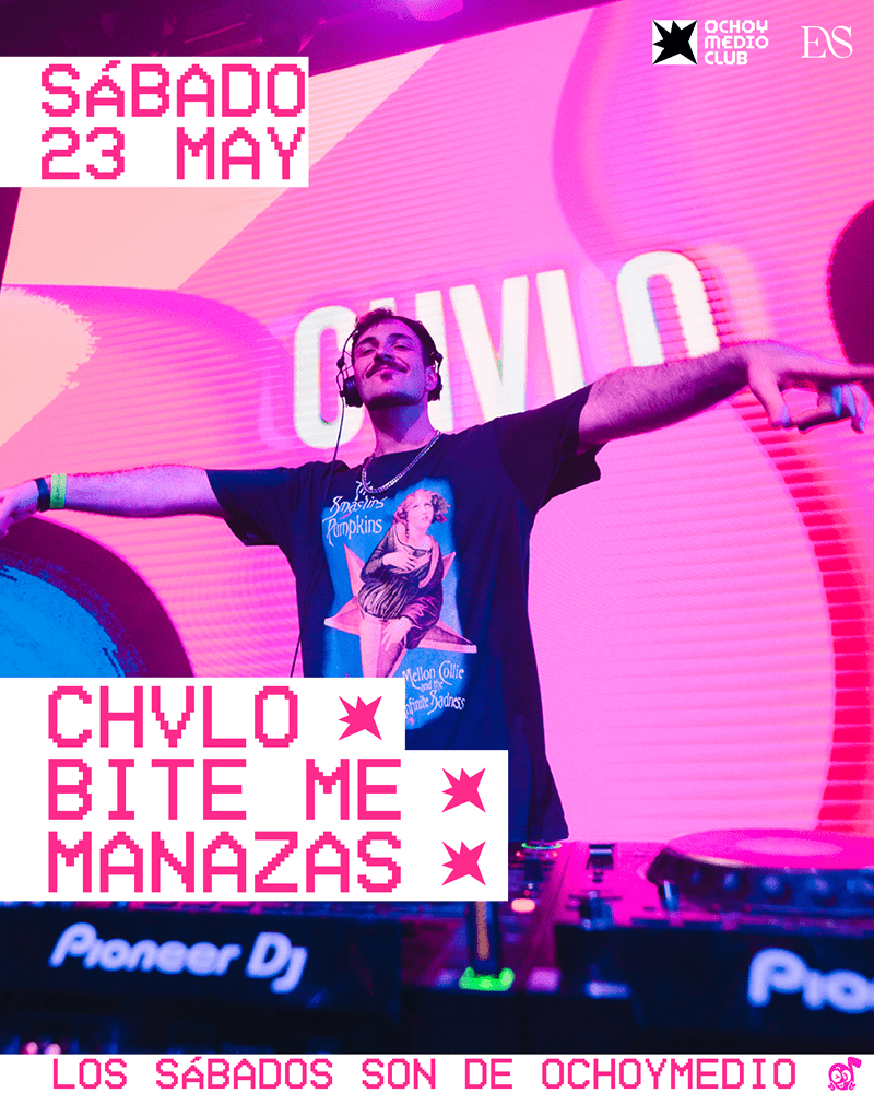 DJ performing on stage with pink neon poster advertising Saturday May 23, featuring CHVLO, BITE ME, MANAZAS and sponsor logos nearby.