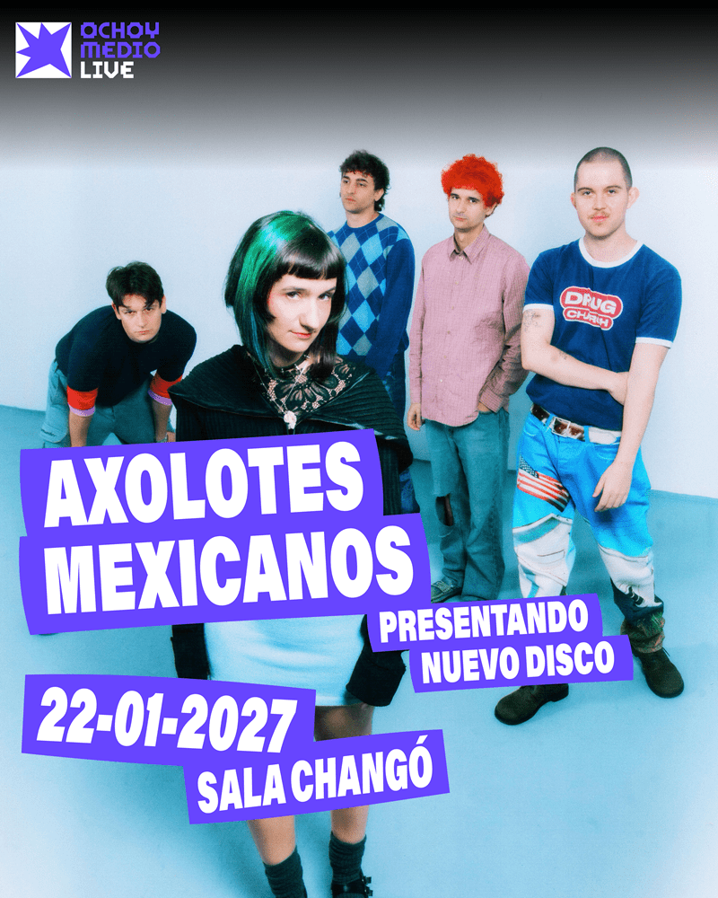 Poster advertising Axolotes Mexicanos concert: band members with bold purple captions, date 22-01-2027 at Sala Changó, logo top left.