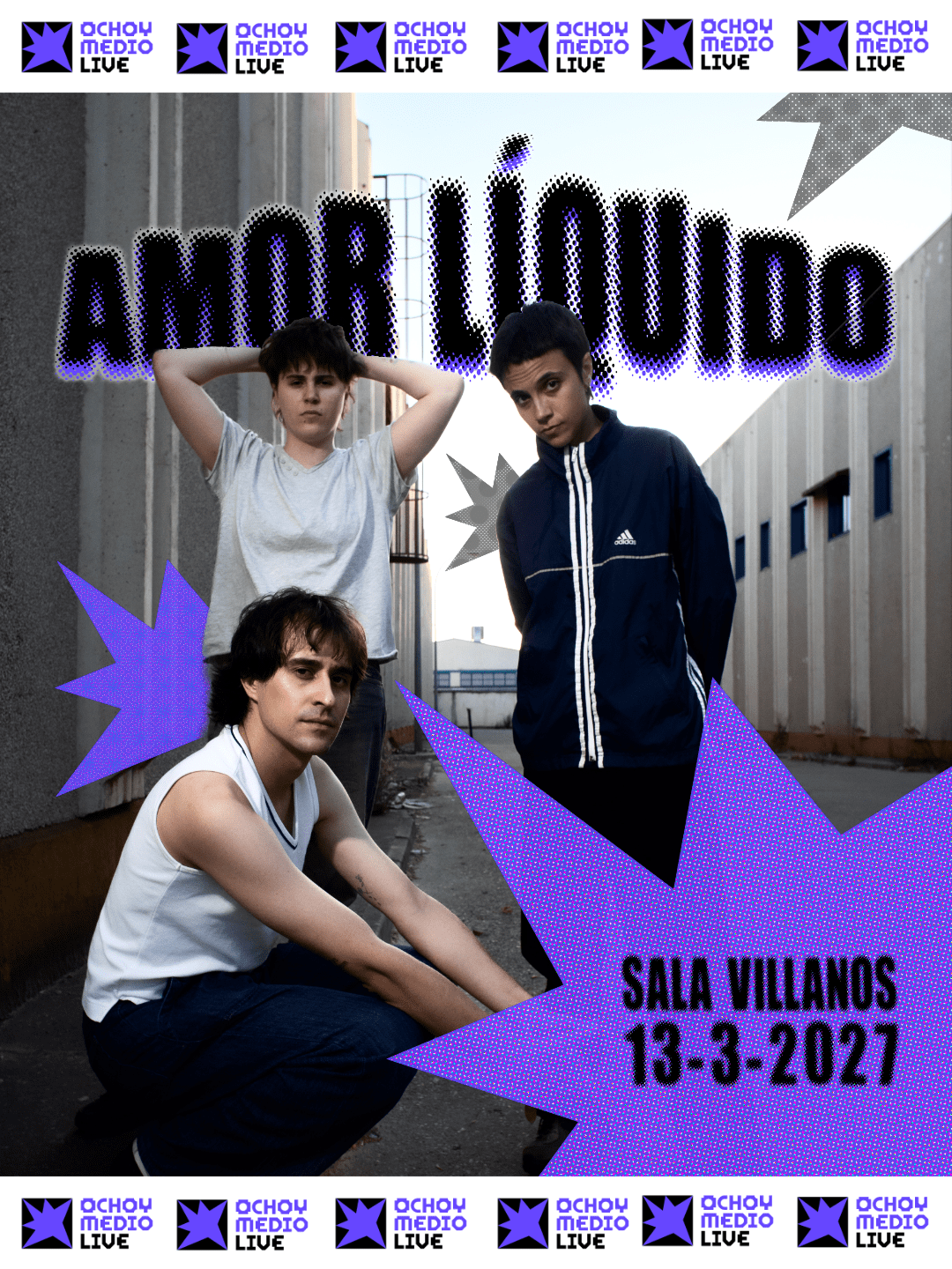 Event poster for Sala Villanos: three young men in an alley with purple comic-book shapes, date 13-3-2027, and 'CHOY MEDIO LIVE' logo borders.