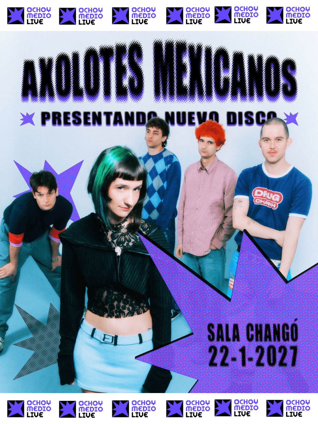 Concert poster announcing a band’s new album, featuring five members with colorful hair and purple starburst graphics, at Sala Changó on 22-1-2027 with Ochoy Medio Live logos.