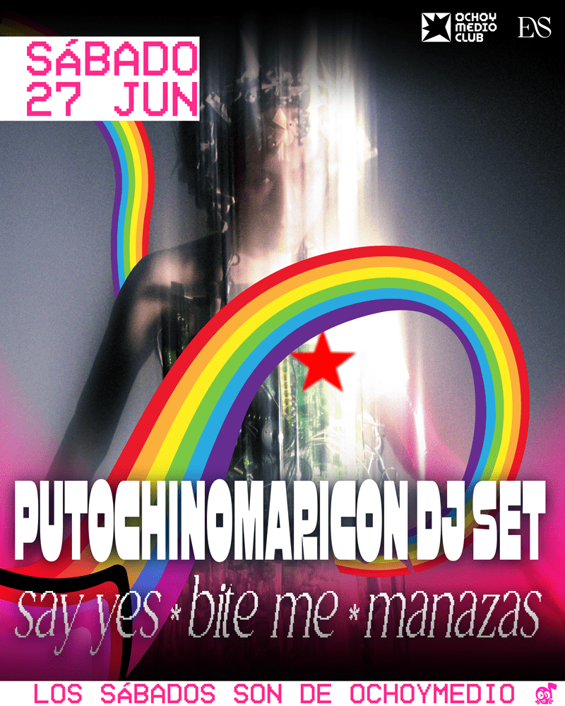 Event poster advertising a Saturday show on June 27 by OCHOY MEDIO CLUB, featuring a rainbow arc, red star, and bold white headline text.