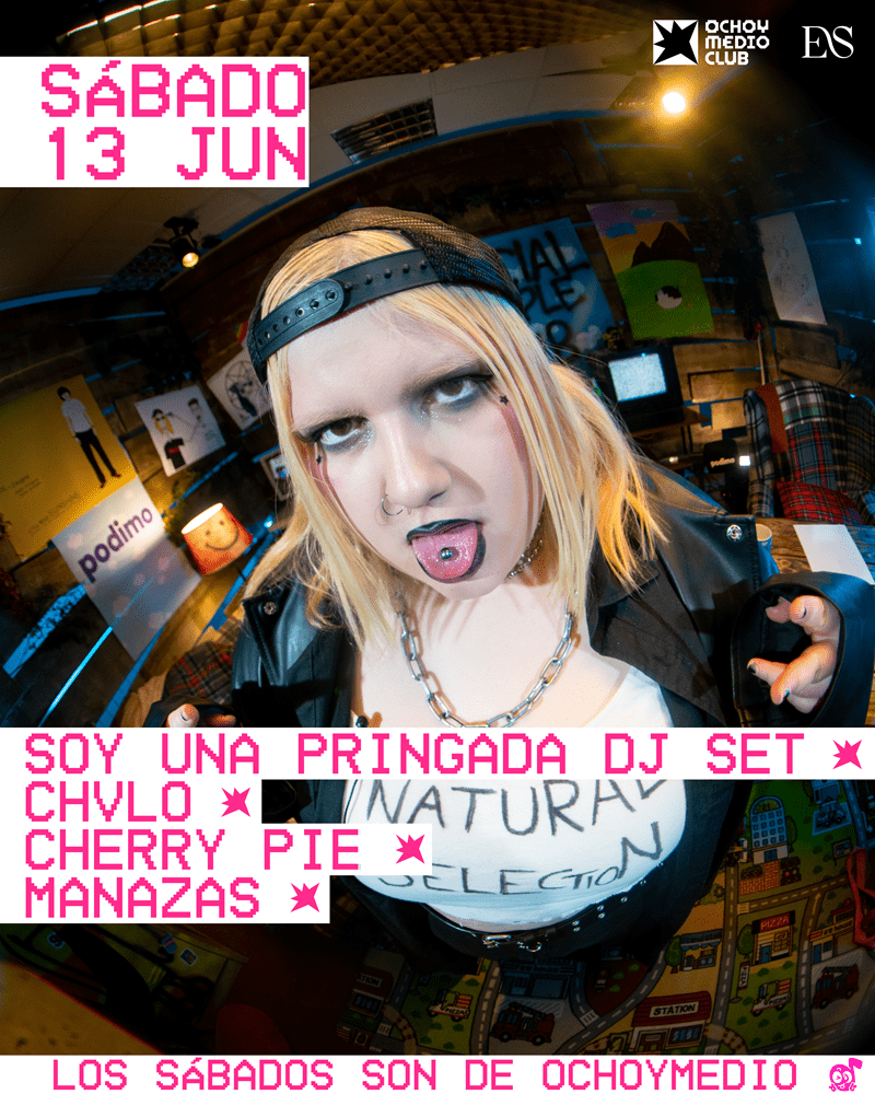 Promotional poster for a club event: a punk DJ with tongue out, backward cap and chain, with bold pink text announcing Saturday 13 Jun and acts. Logos appear at top.