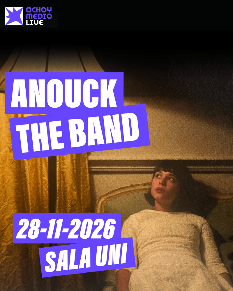 Promotional poster for 'ANOUCK THE BAND' with bold purple text; date 28-11-2026 at Sala UNI; vintage photo of a woman in a white dress.