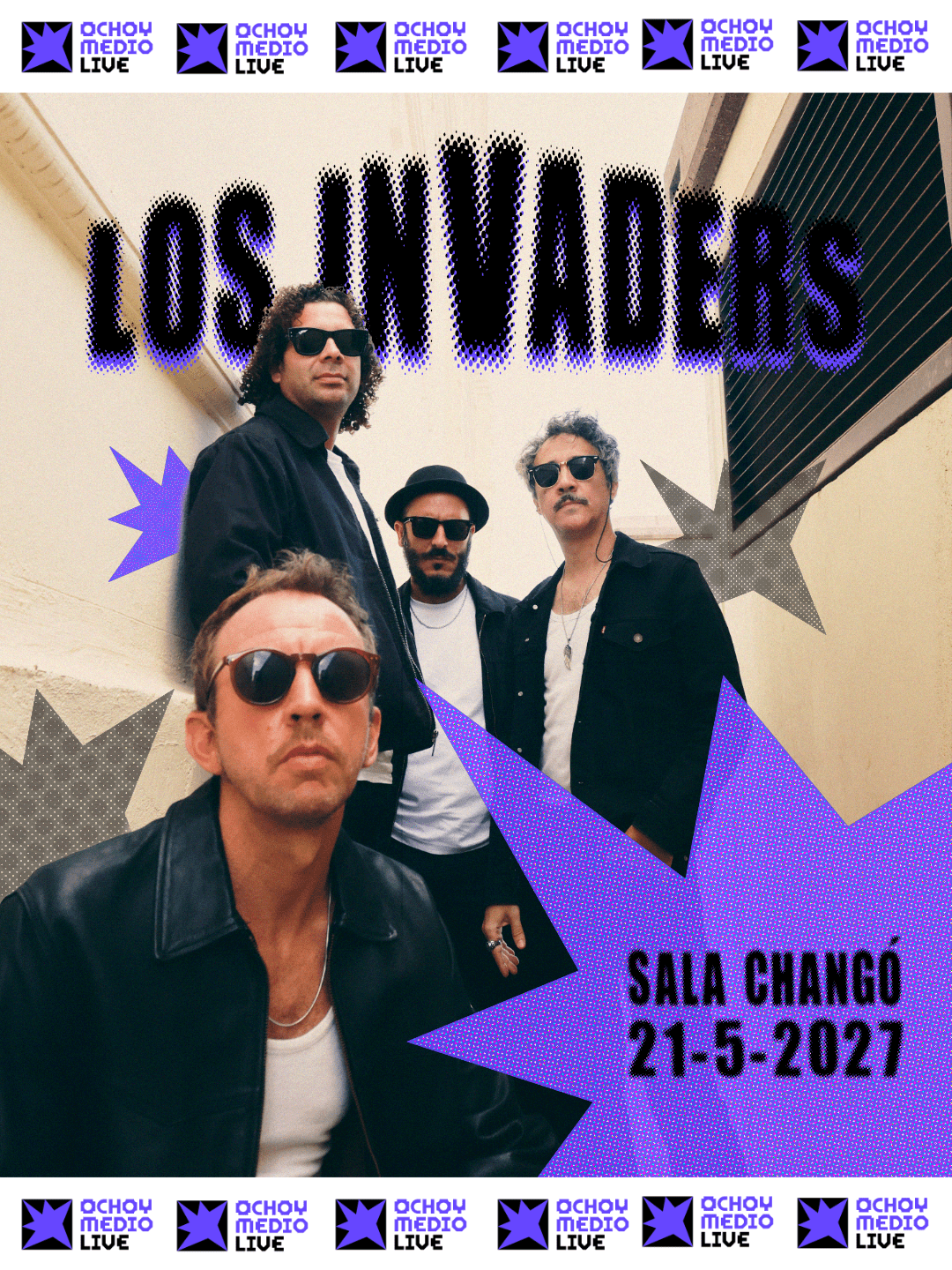 Promotional poster for a band concert featuring four men in sunglasses posing against a beige wall, bold purple starburst graphics, and the text 'SALA CHANGÓ' and '21-5-2027'