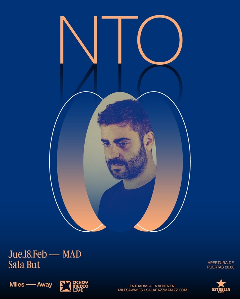 Stylized concert poster for NT10 featuring a man's portrait inside overlapping orange-blue oval shapes, with event details at the bottom (Miles Away, MAD, Sala But).