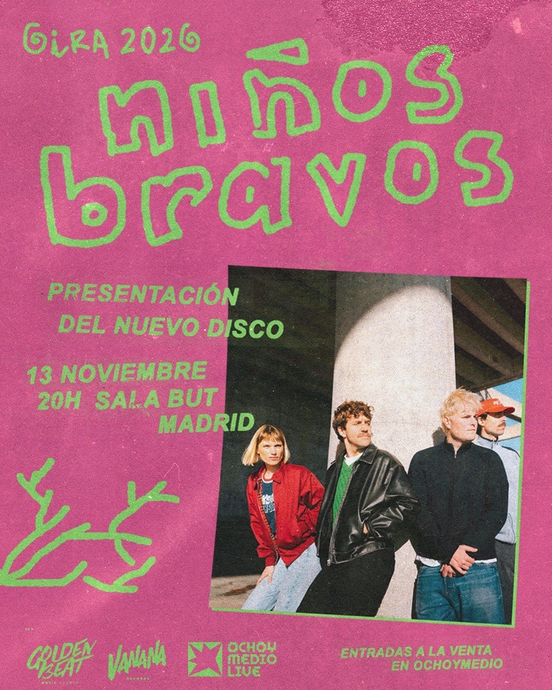 Poster for GIRA 2026 Niños Bravos announcing the new album, featuring a band photo and Madrid concert details in green text on pink background.