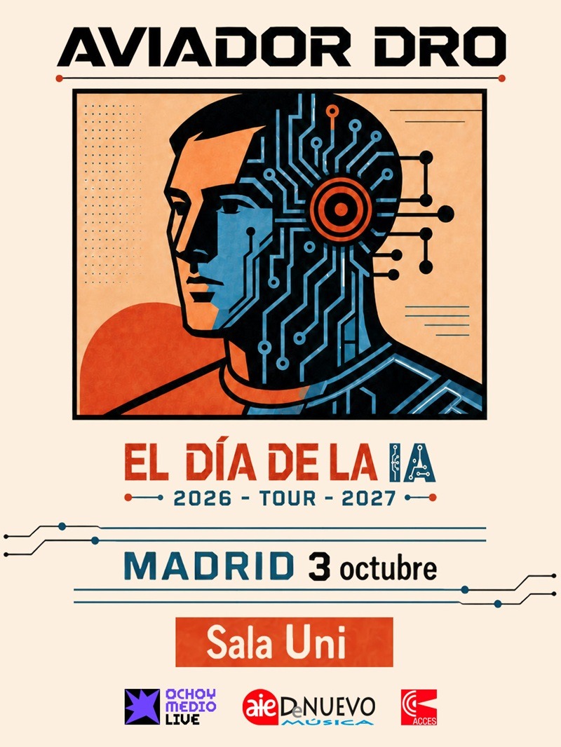 Poster for Aviador Dro concert: 'El Día de la IA' featuring a stylized, circuit-filled human head; Madrid, 3 October, Sala Uni.