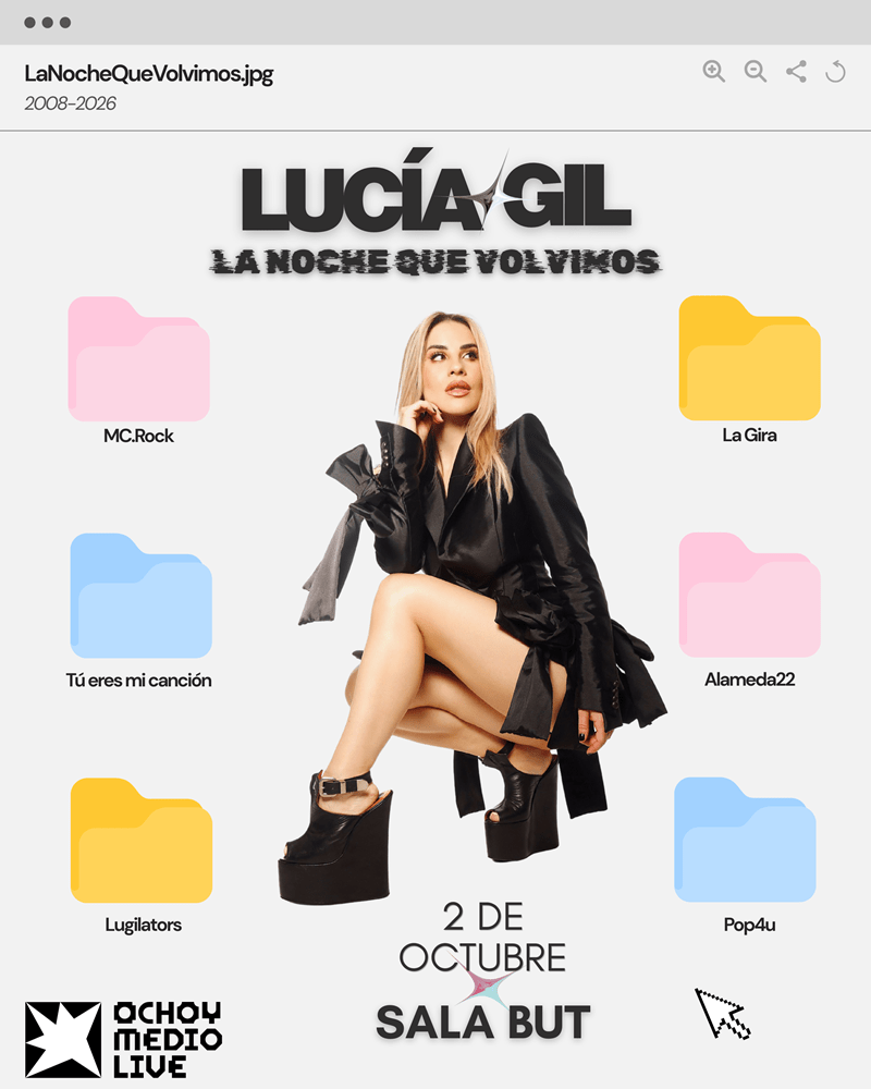Poster promoting Lucía Gil's La Noche Que Volvimos show: central photo of the artist in black, surrounded by colorful folder icons and event text including '2 de octubre' y 'Sala But'.