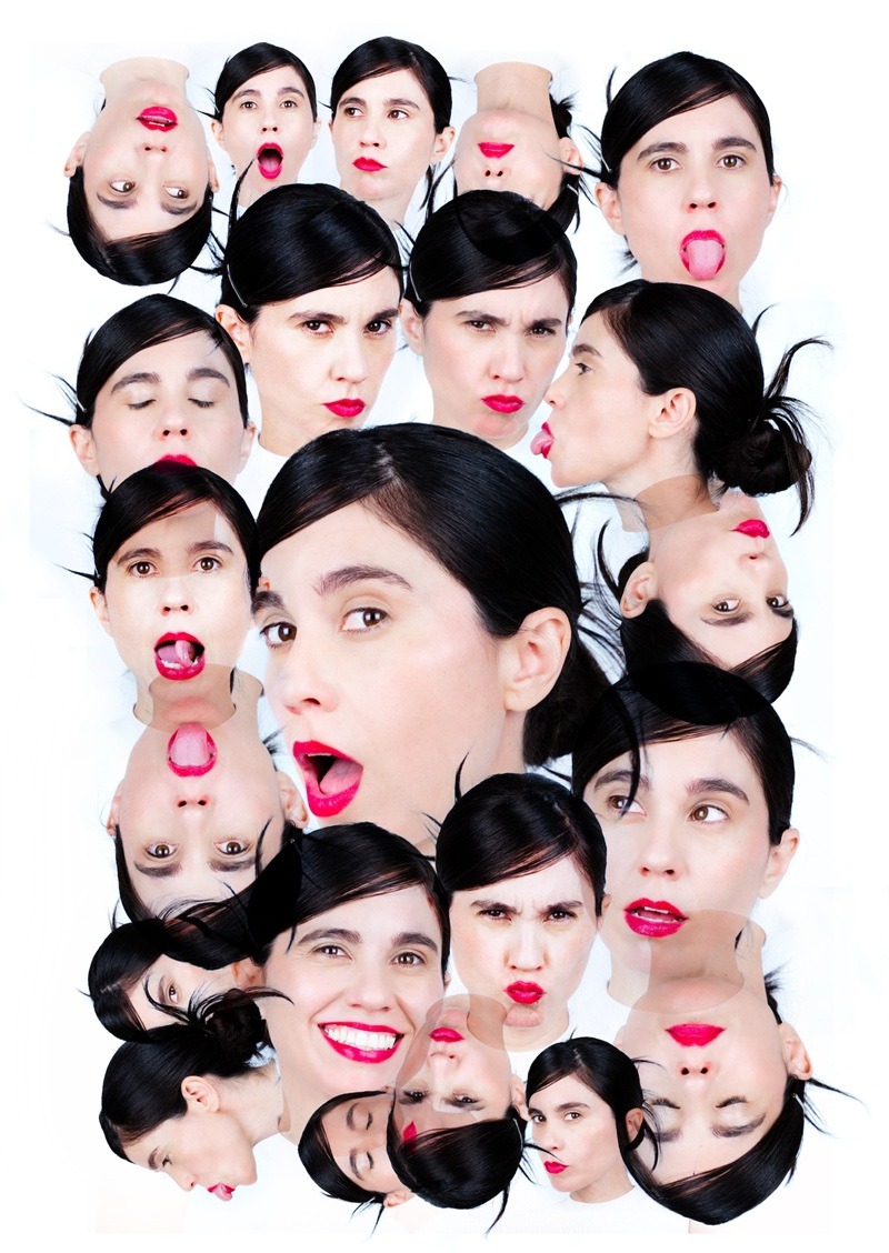 Collage of a woman's face repeated in many expressions and angles on a white background, with bright red lipstick.