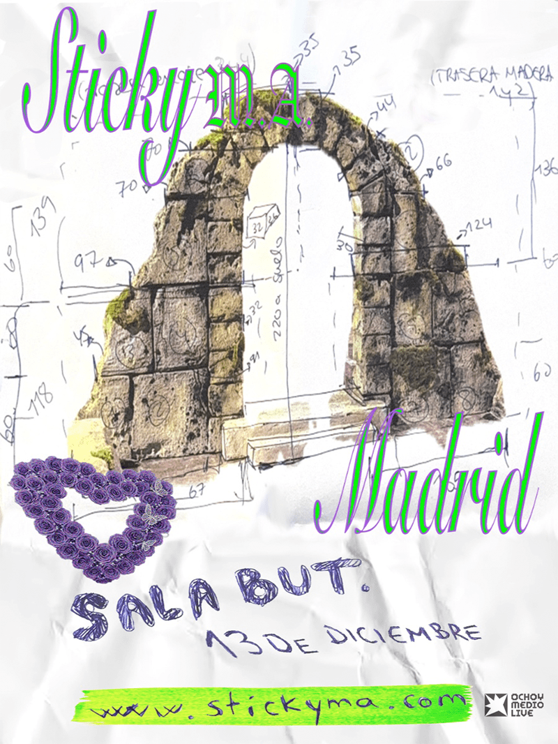 Collage poster featuring a ruined stone arch over architectural sketches, a purple rose heart, and the words Madrid with a website URL.