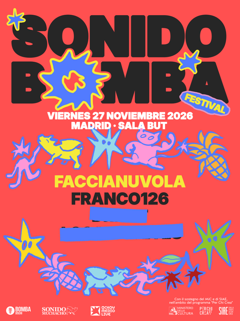 Festival poster for Sonido Bomba in Madrid, 27 November 2026 at Sala But, with bold black text and bright doodle graphics.