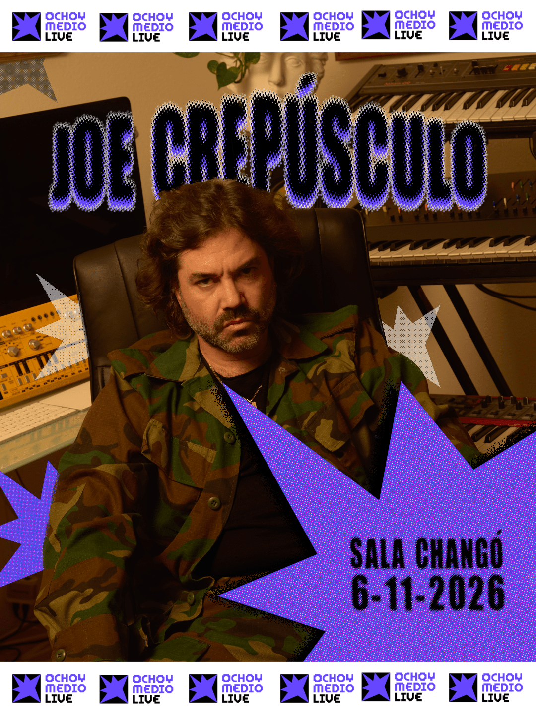 Portrait of a man in camouflage jacket seated in a recording studio with keyboards and gear, surrounded by bold purple starburst graphics and the text 'SALA CHANGÓ 6-11-2026' (event promo).
