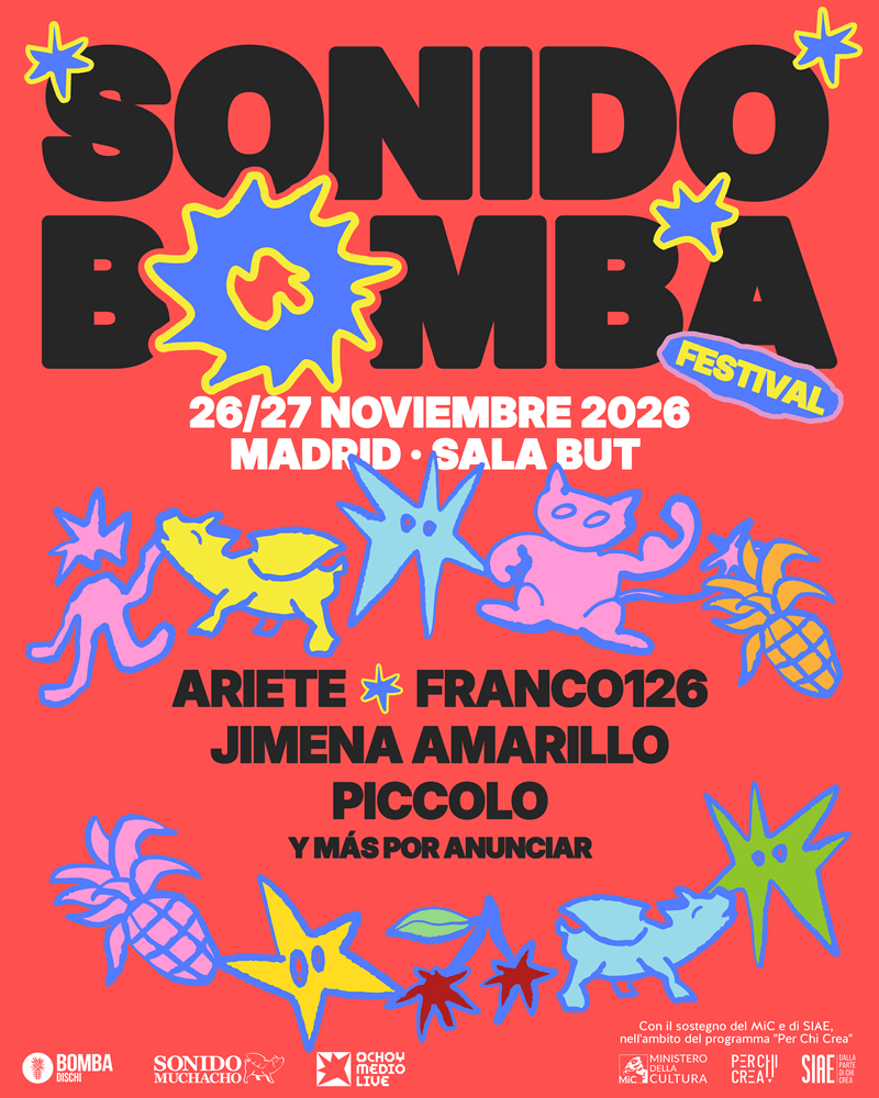 Festival poster for Sonido Bomb: bold black title on red background, colorful starburst graphics, date (26/27 Noviembre 2026) and Madrid Sala BUT.