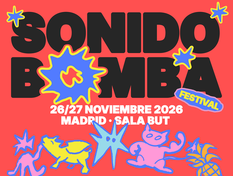 Poster for Sonido Bomba Festival in Madrid, 26–27 noviembre 2026, at Sala But, with colorful explosions and cartoon figures
