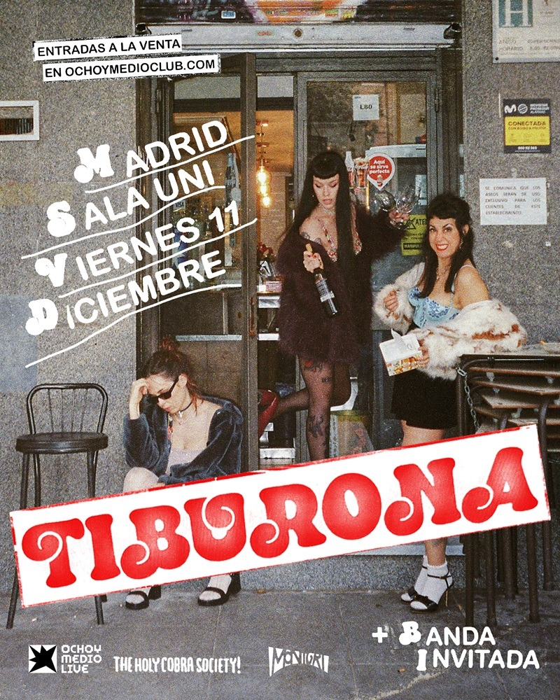 Promotional poster for Tiburona party in Madrid, featuring three women outside a venue and bold red 'TIBURONA' text across the image, date December 11.
