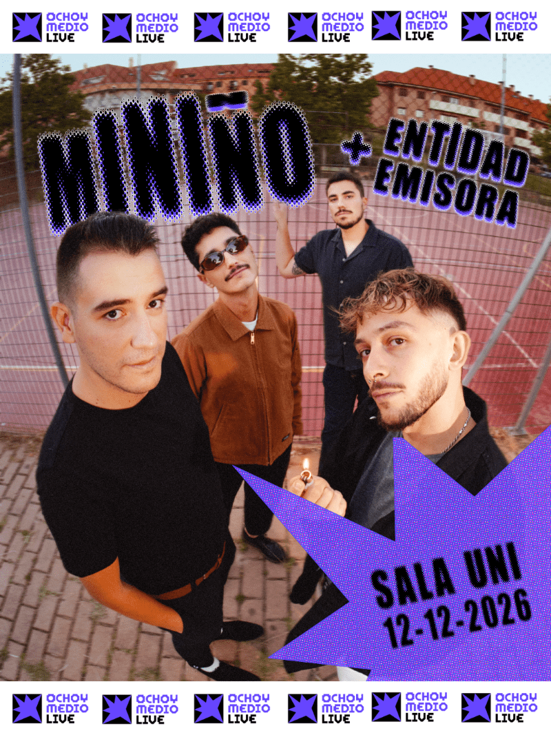 Promotional poster for a live show featuring the band MINNO + IDENTIDAD EMISORA; four men pose in front of a fence, with a purple starburst showing 'SALA UNI 12-12-2026' and a border of 'OCHOY MEDIO LIVE' logos.