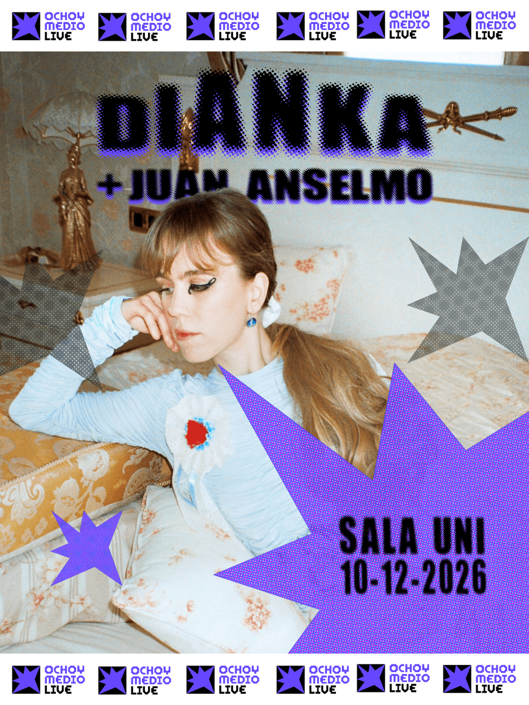 Promotional poster for a live show: Dianka and Joan Anselmo, with date and venue on a purple starburst, plus decorative stars and repeated 'OCHOY MEDIO LIVE' logos.