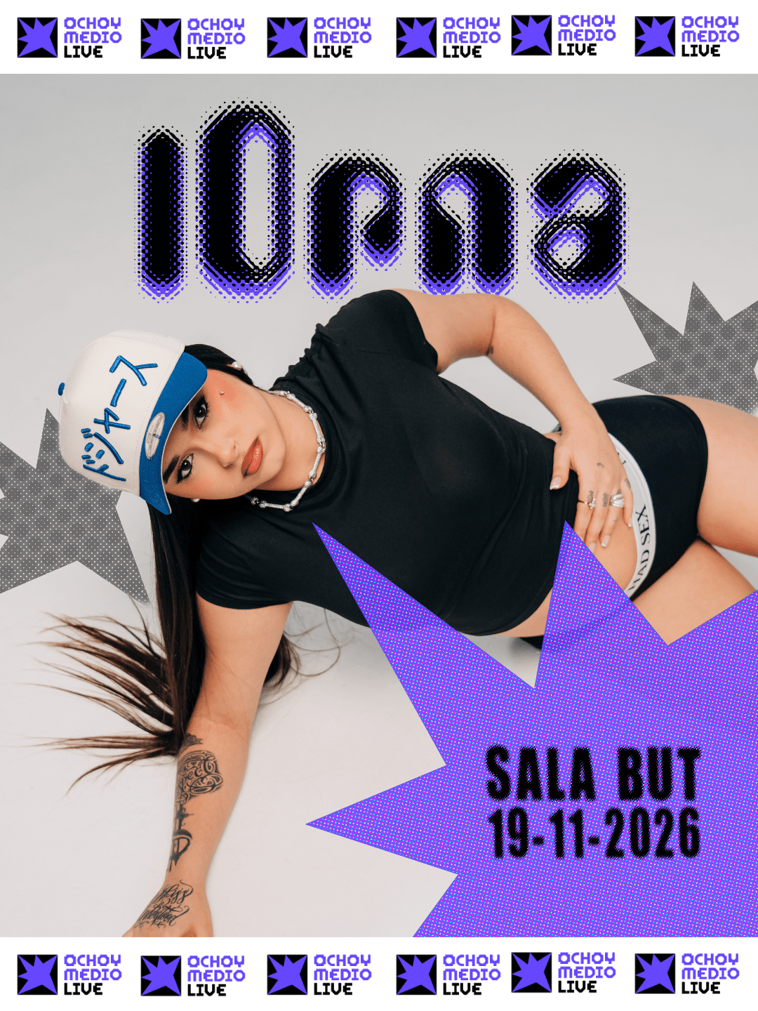 Promotional poster for a Luna event: a woman in a black outfit poses diagonally, with bold purple 'Luna' text, a purple starburst noting 'SALA BUT 19-11-2026', and repeated 'OCHOY MEDIO LIVE' logos around.