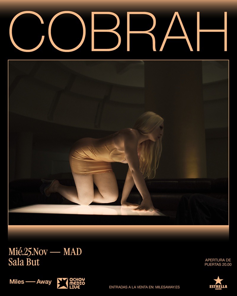 Poster for COBRAH showing a woman in a peach dress on a glowing platform; event details include Mié.25.Nov at MAD Sala But and ticket info.